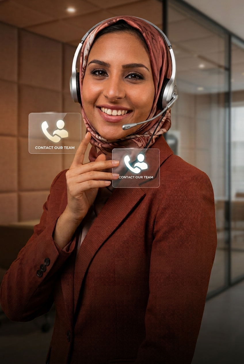 A smiling customer support representative wearing a headset and a brown blazer with two floating contact icons.