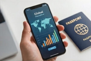 A hand holding a smartphone displaying a global map and a bar chart, with a passport resting on the table nearby.
