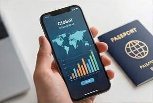 A hand holding a smartphone displaying a global map and a bar chart, with a passport resting on the table nearby.