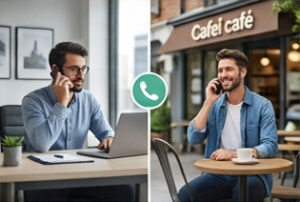 A split-screen image showing a man working on a laptop in an office on the left and a man sitting at a cafe table on the right, both talking on their mobile phones with a phone icon in the center.