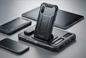 A smartphone in a rugged protective case standing on a charging dock, surrounded by other mobile devices and accessories on a grey surface.