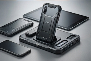 A smartphone in a rugged protective case standing on a charging dock, surrounded by other mobile devices and accessories on a grey surface.