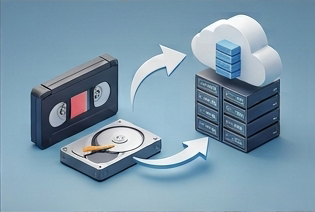 A VHS tape and a hard drive connected by arrows to a server rack topped with a cloud icon, representing data migration and backup.