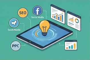 A digital tablet with a lightbulb icon surrounded by icons for SEO, social media, and PPC, with data charts floating nearby.