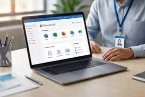 A laptop screen displaying the Aleria AI software dashboard with various application icons and navigation menus.