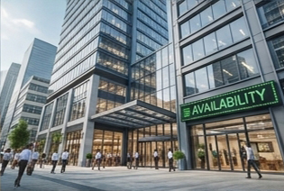 A low-angle view of a modern glass and steel office building with a sign reading AVAILABILITY above the entrance.