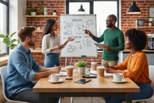 A diverse group of four professionals collaborating in a modern office with a whiteboard and coffee on the table.