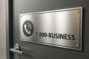 A brushed metal sign mounted on a dark door displaying a telephone icon and the text 1-800-BUSINESS.