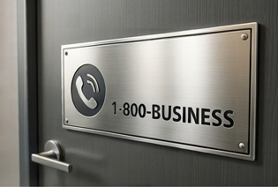 A brushed metal sign mounted on a dark door displaying a telephone icon and the text 1-800-BUSINESS.
