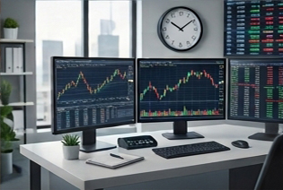 A modern office desk featuring multiple computer monitors displaying real-time financial stock market charts and data.